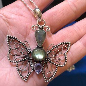 Handmade Butterfly Real Labradorite, Amethyst Gemstone Necklace.